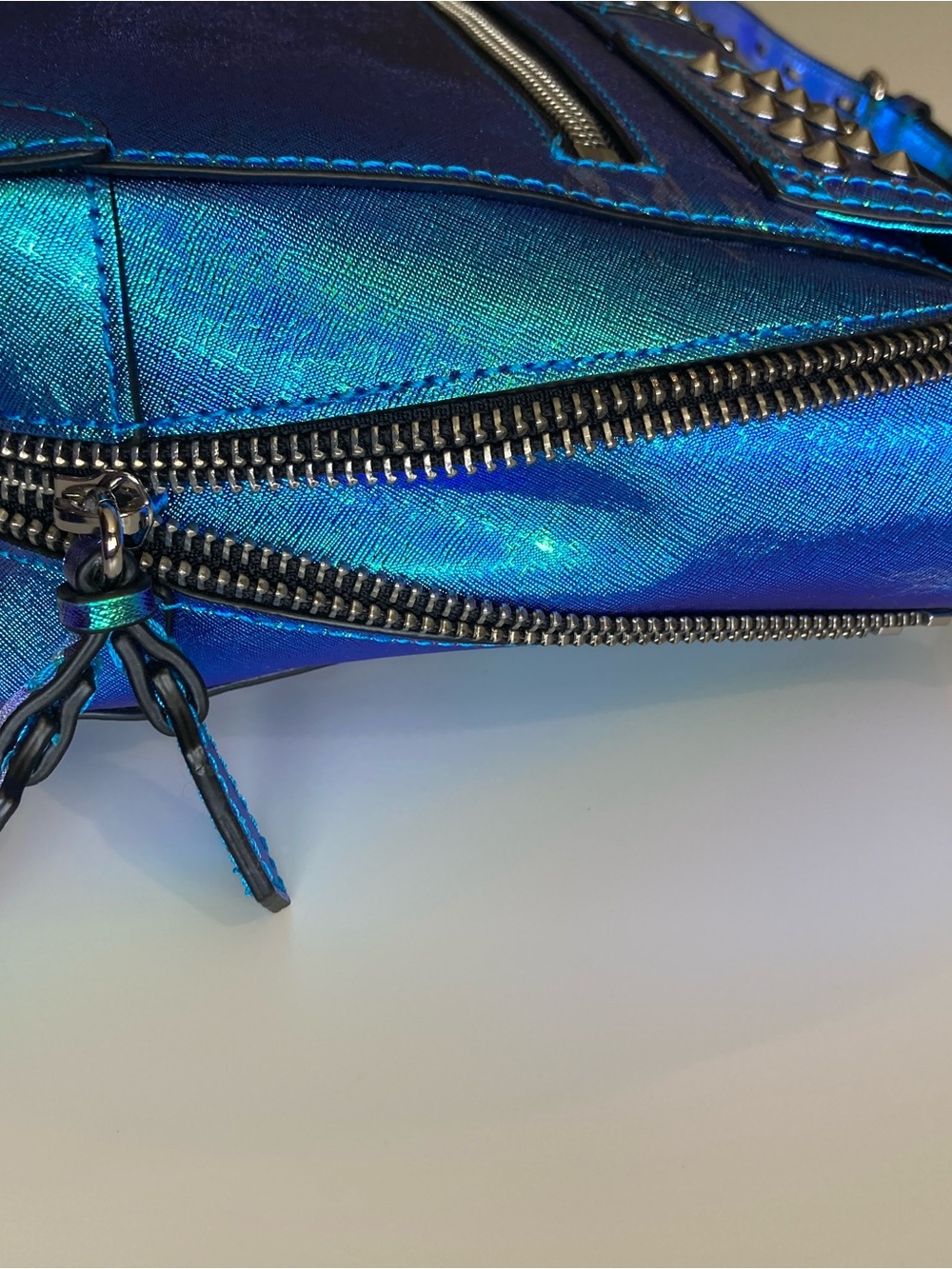 Rebecca Minkoff Iridescent Blue-Green Studded Satchel - Picture 14 of 15